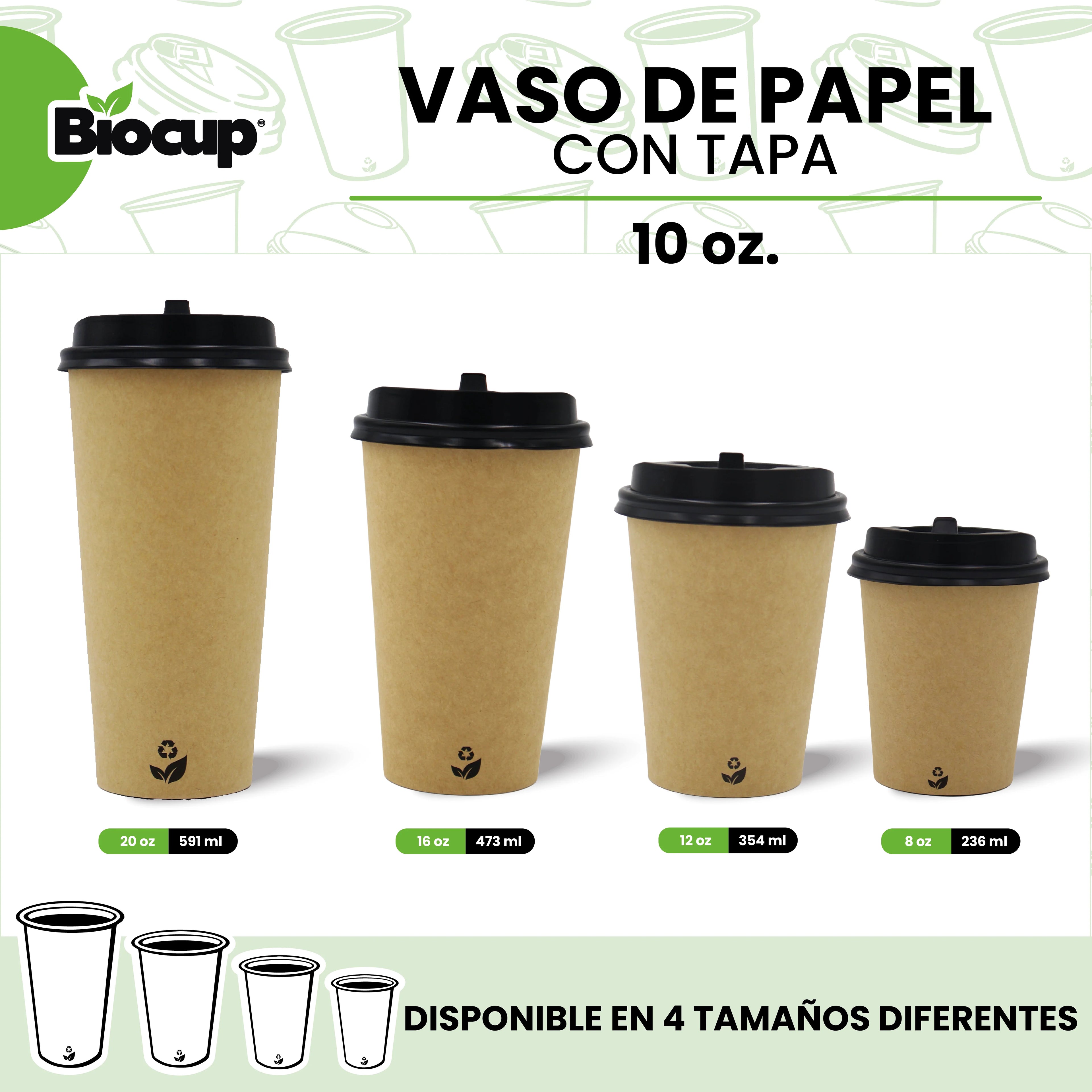 Paquete Vasos de Papel color Kraft con Tapa
