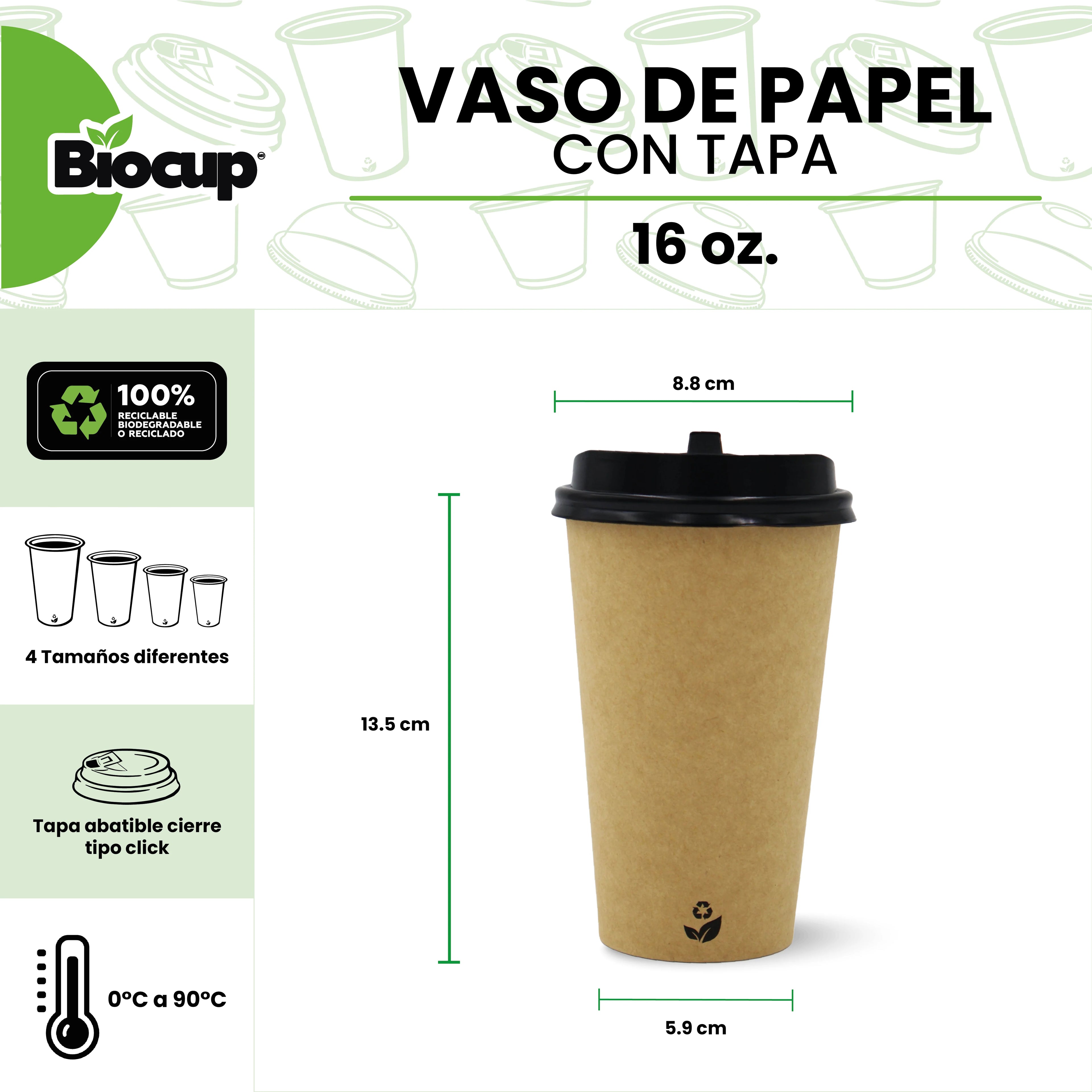 Paquete Vasos de Papel color Kraft con Tapa