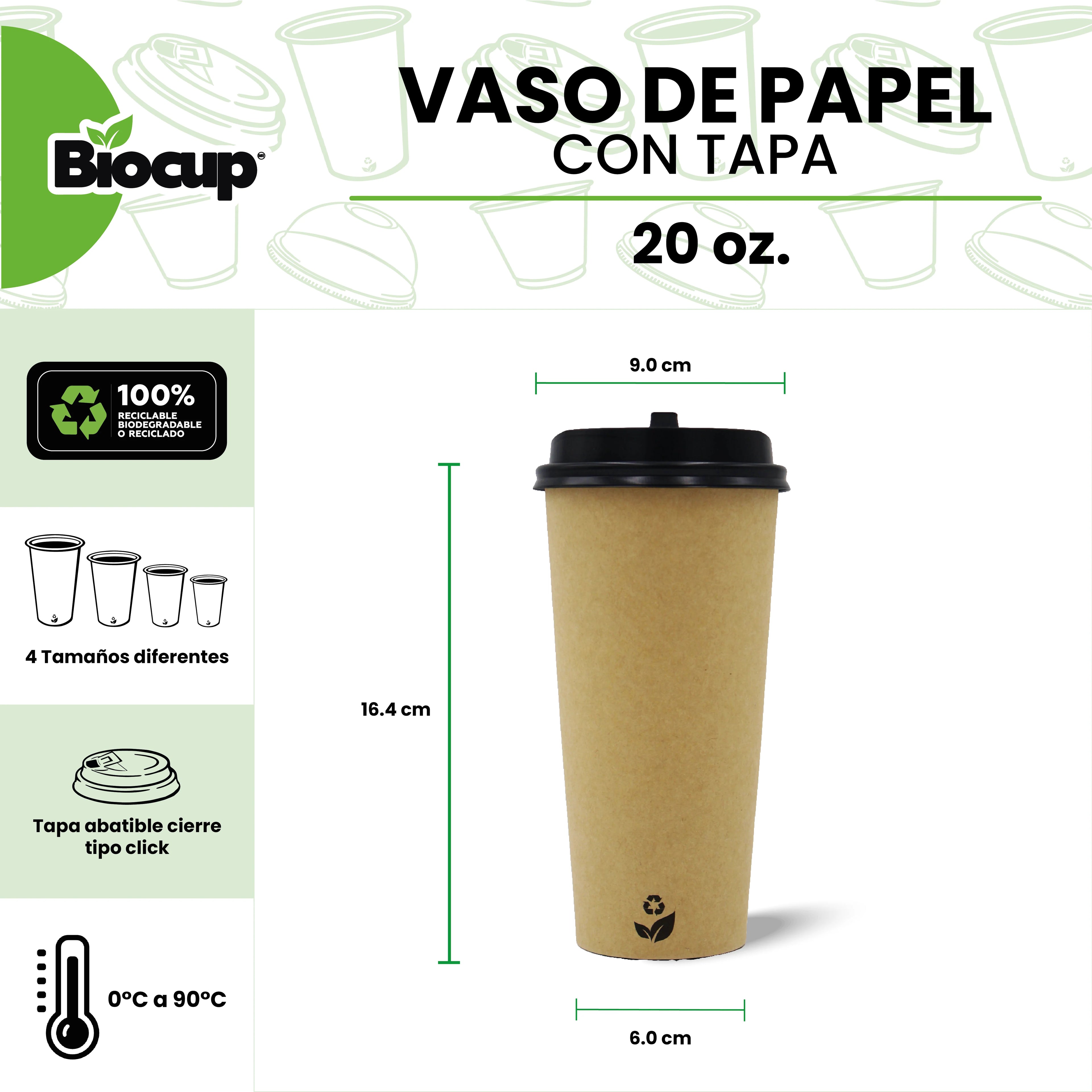 Paquete Vasos de Papel color Kraft con Tapa